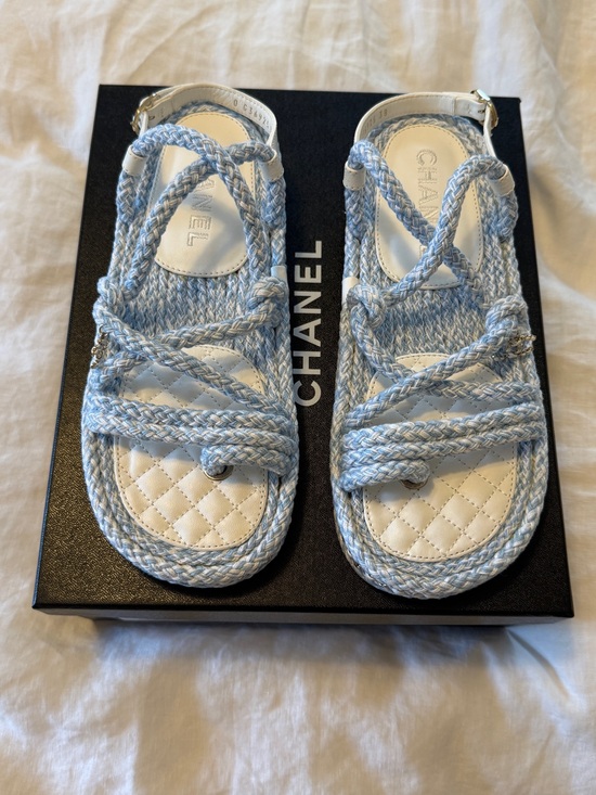CHANEL Shoes - CHANEL Light Blue & White Braided Rope Sandals